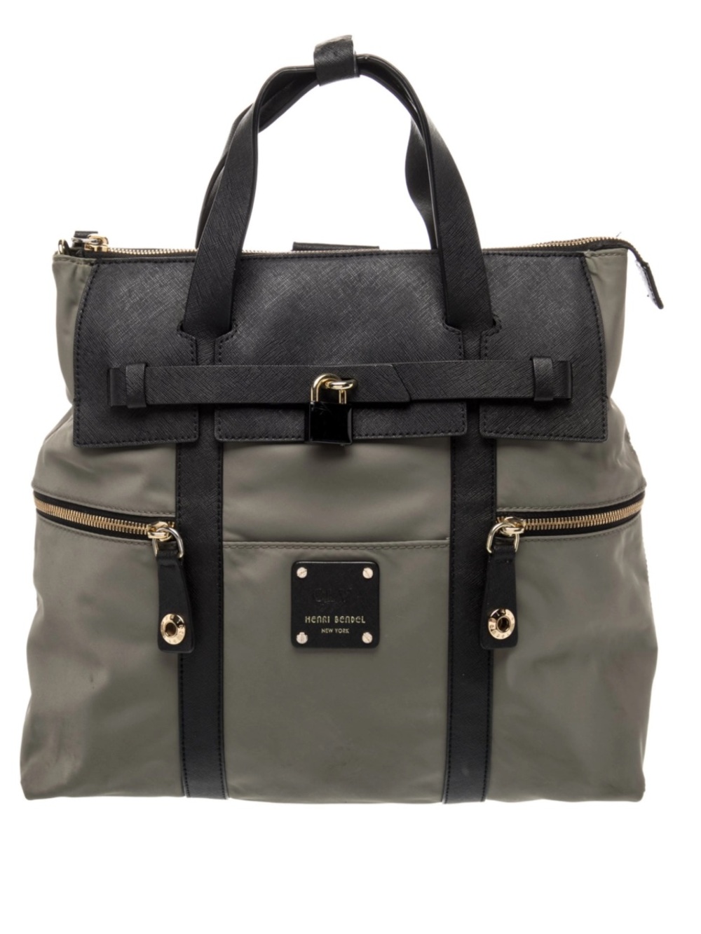 Henri Bendel Jetsetter Convertible Backpack Nylon & Leather Olive Green & Black